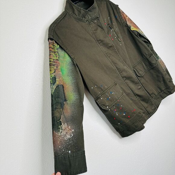 Zara Army Green Grafitti New York Jungle Oversize Zip Utility Jacket 100% Cotton - Picture 7 of 16